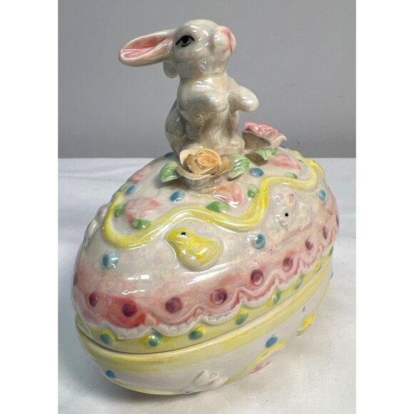 Easter Bunny Ceramic Decorative Egg Shaped Box With Lid - Picture 1 of 5